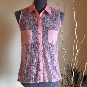 NWOT Peach Lace Sleeveless Button-down Shirt, S